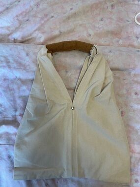 Beige Canvas Tote with Brown Wrapped Handle